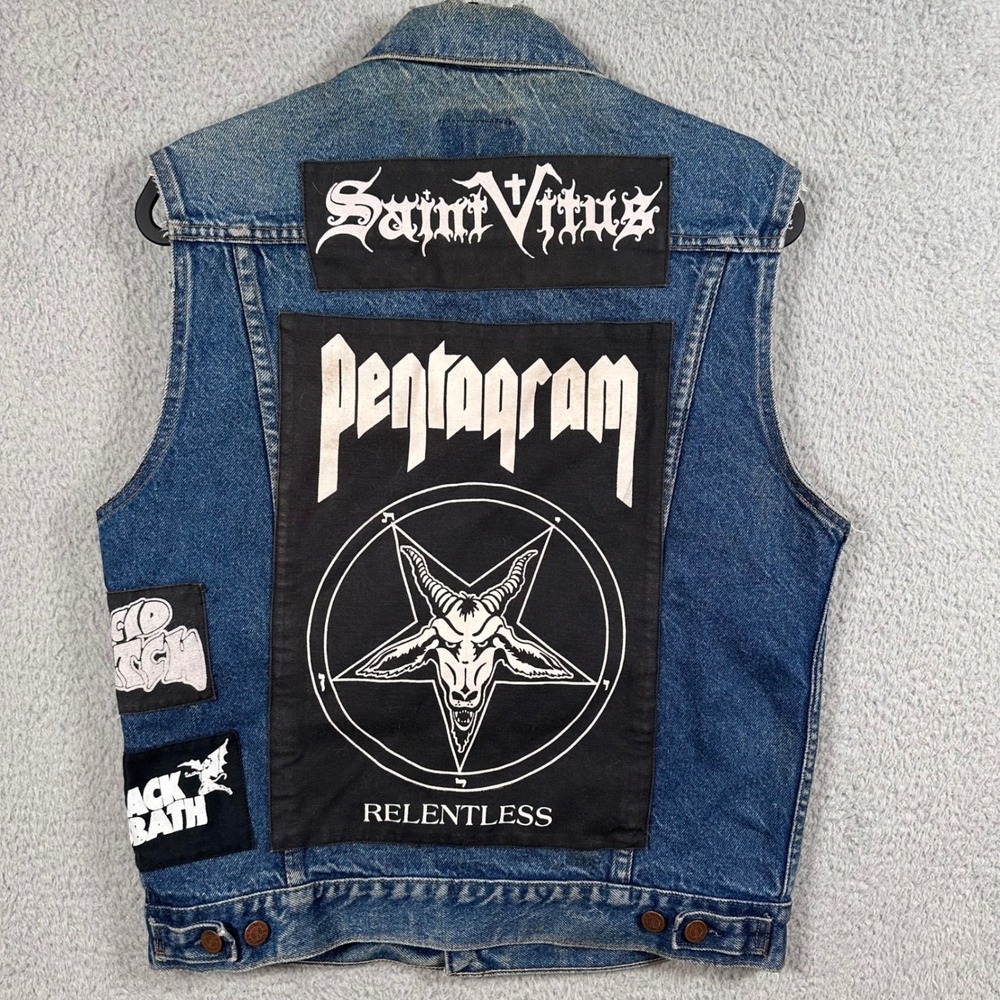 VTG Roebucks Men's Medium Doom Heavy Metal Saint Vitus Pentagram Blue Denim Vest